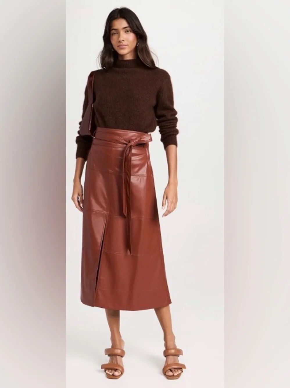 Tanya Taylor Hudson skirt Chestnut Brown Faux Leather Tie-Waist size 0 $459